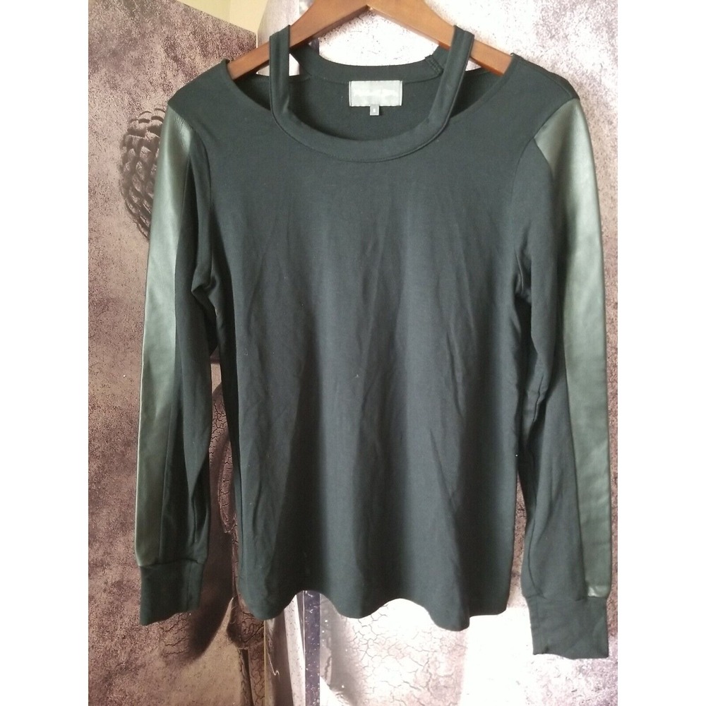 MICHAEL STARS Women's Long Sleeve Black Leather‎ Trim Cold Shoulder Top Size S